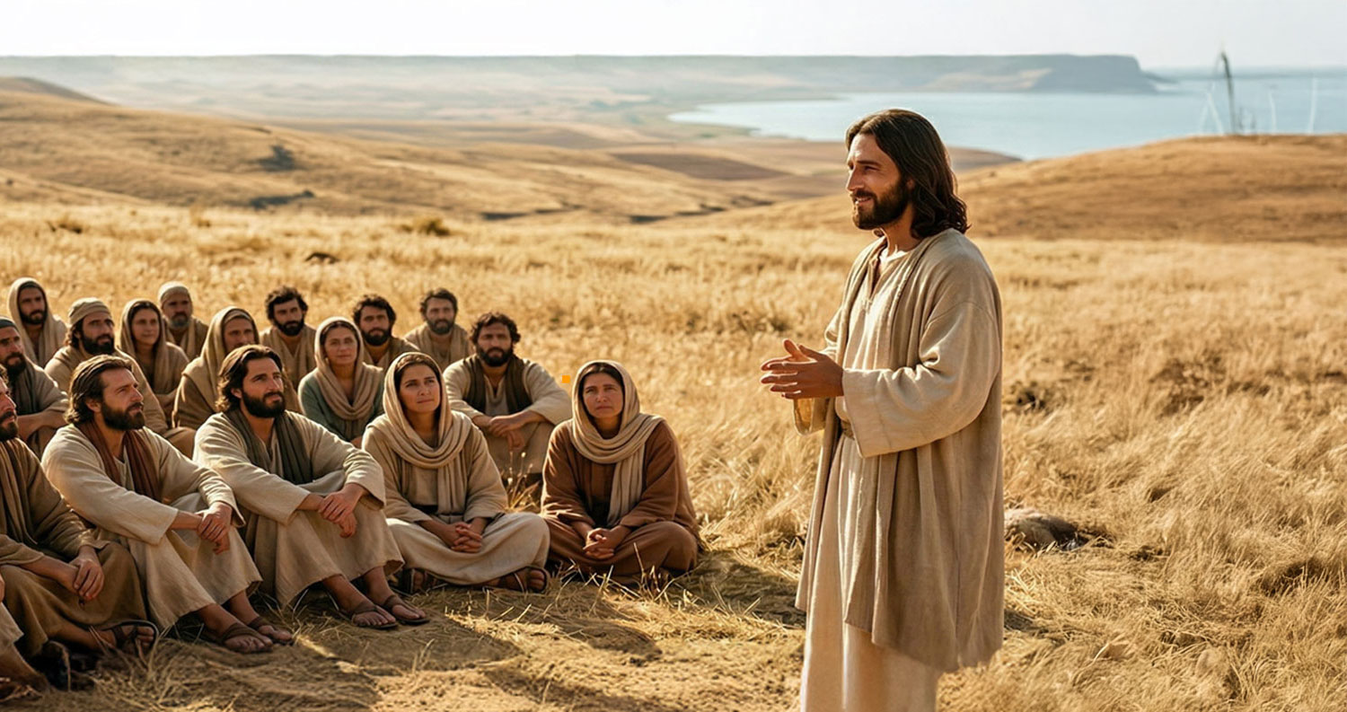 Jesus steht rechts im Bild und schaut zu Menschen, die im Gras sitzen.