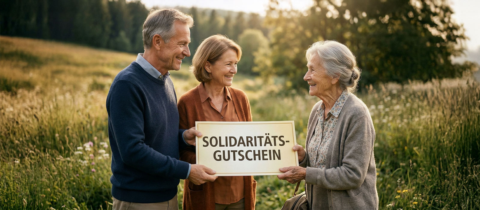 Ein gut situiertes Ehepaar überreicht einer älteren Dame einen Gutschein mit der Aufschrift Solidaritätsbeitrag.